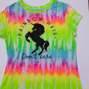 A rainbow hair don't care unicorn tie dye shirt